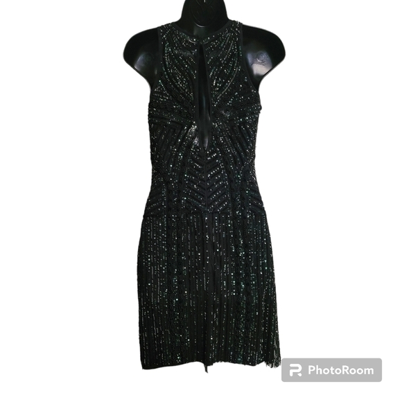 Aidon Mattox Black Beaded Sequin Sleeveless Cocktail Dress - Picture 4 of 12